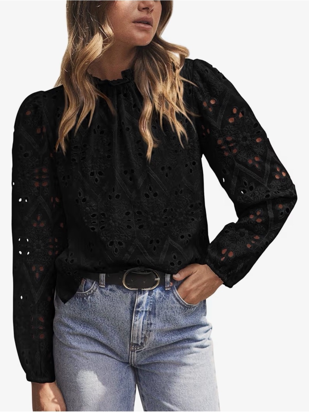 Pretty Garden Black Embroidered Eyelet Long-Sleeve Lace Blouse Medium NWT